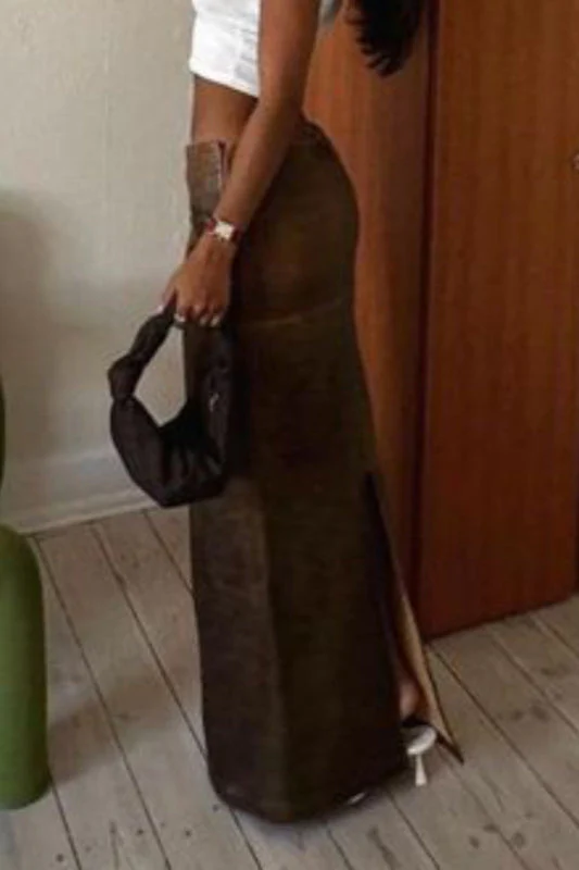PU Leather Slim Fit Split Midi Skirt - Image 4