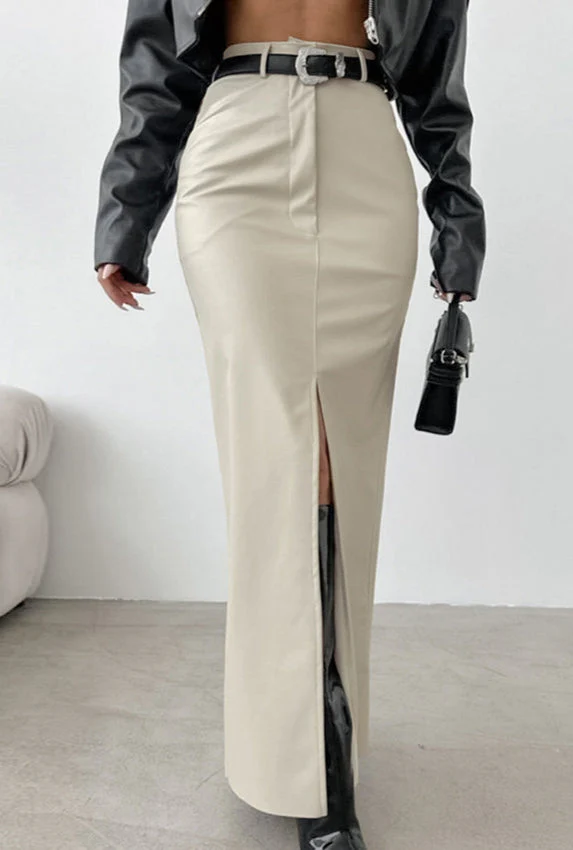 Khaki PU Leather High Waist Split Midi Skirt - Image 3