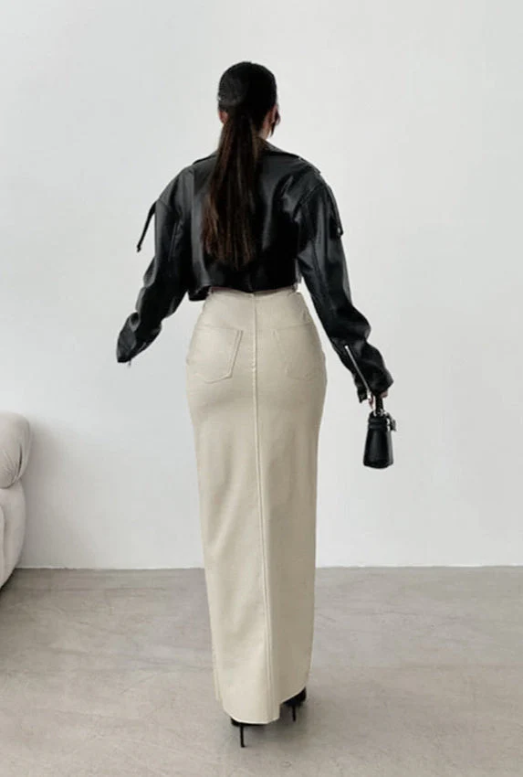 Khaki PU Leather High Waist Split Midi Skirt - Image 4