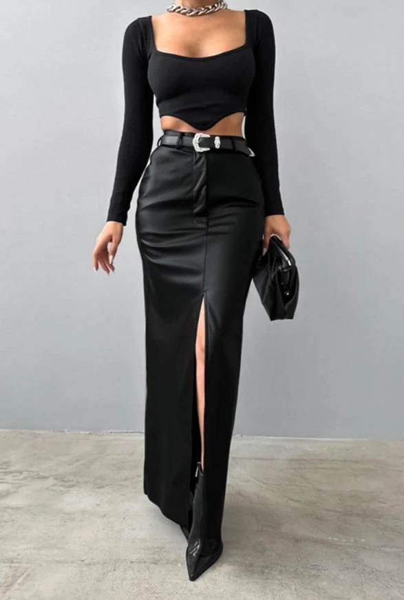 Khaki PU Leather High Waist Split Midi Skirt - Image 5