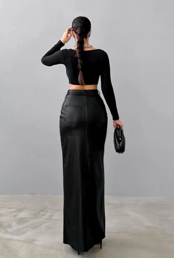 Khaki PU Leather High Waist Split Midi Skirt - Image 7