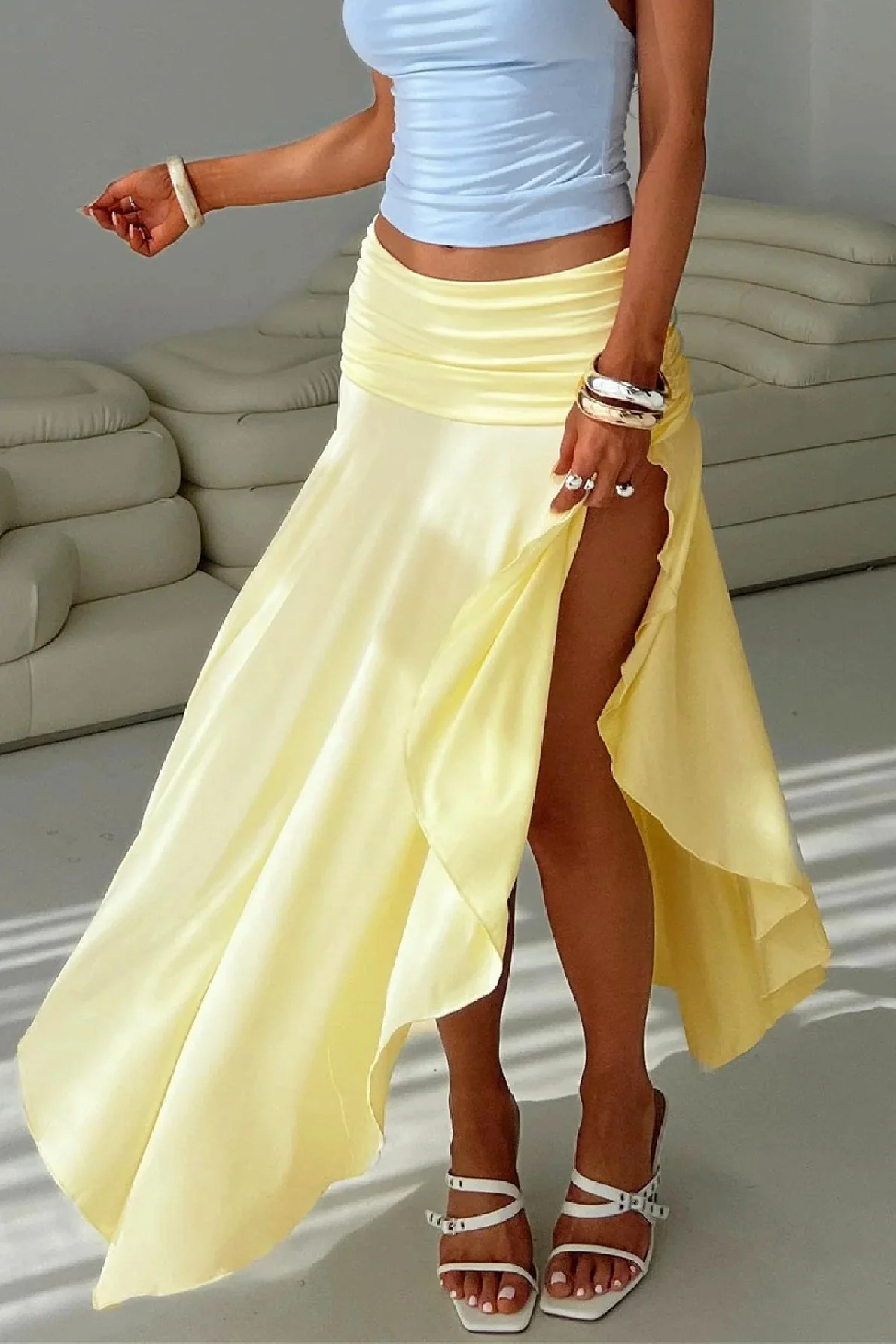 Wrinkled High Waist Asymmetrical Split Skirt - Image 2