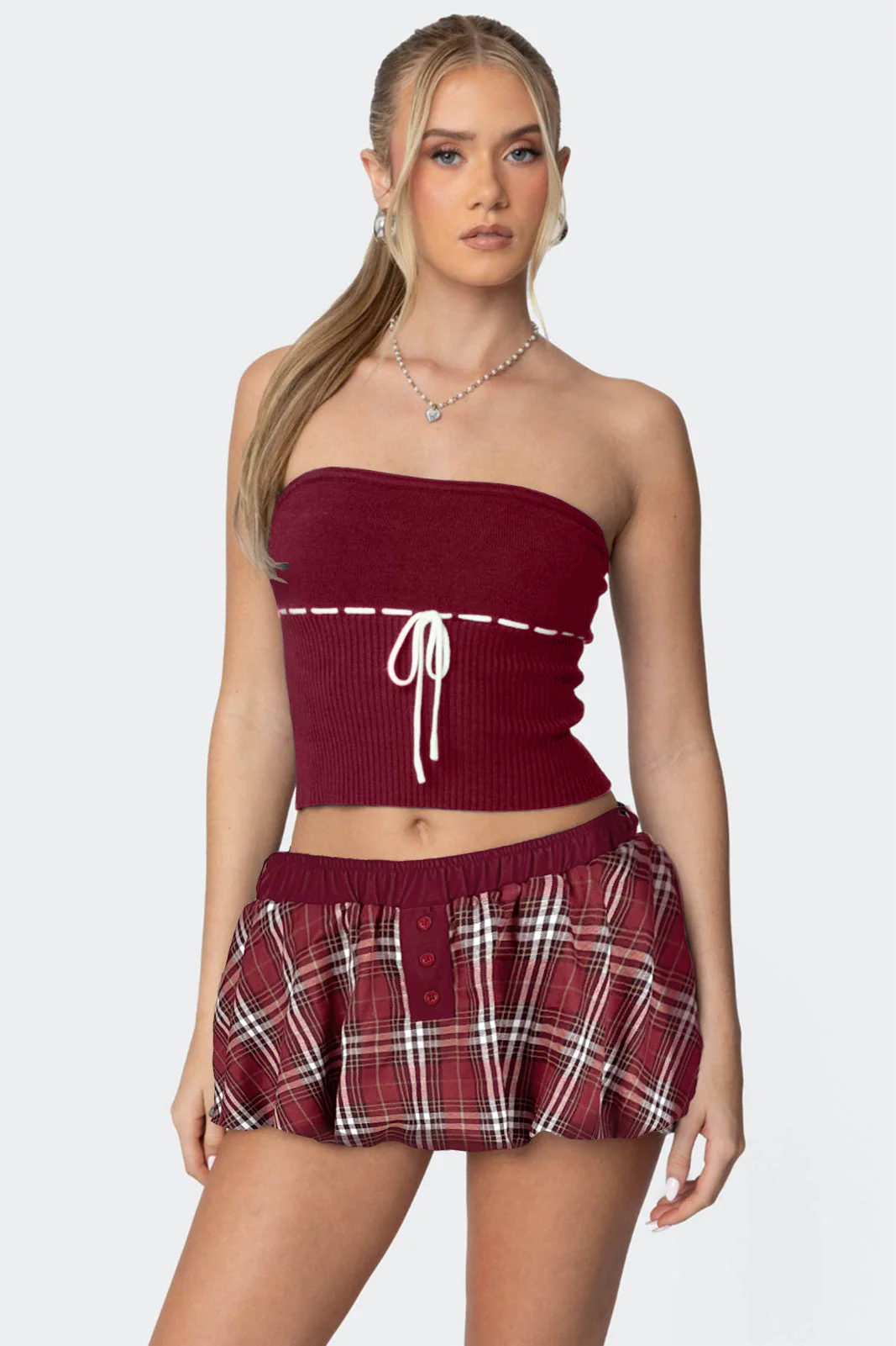 Y2K Plaid Faux Button Skirt with Built-in Shorts Skirt - Image 5