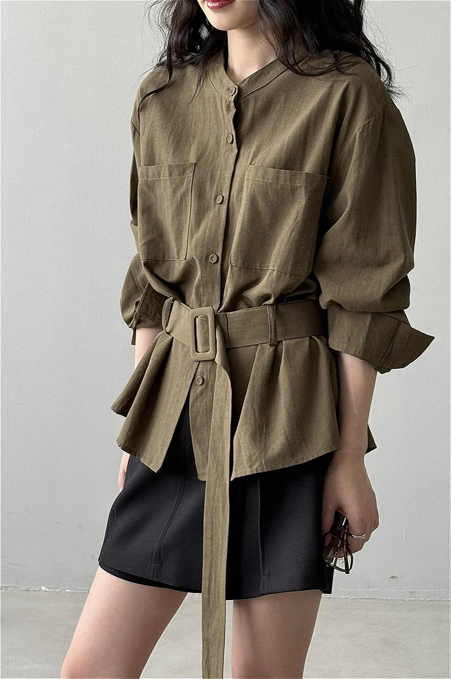 Vintage Waist Cinched Belted Long Sleeve Blouse - Image 2