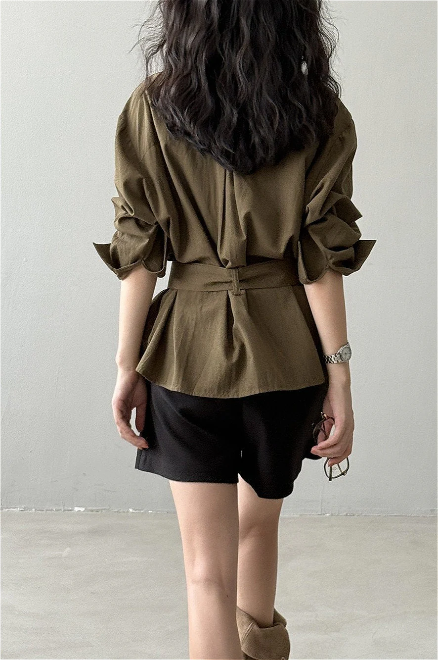 Vintage Waist Cinched Belted Long Sleeve Blouse - Image 3