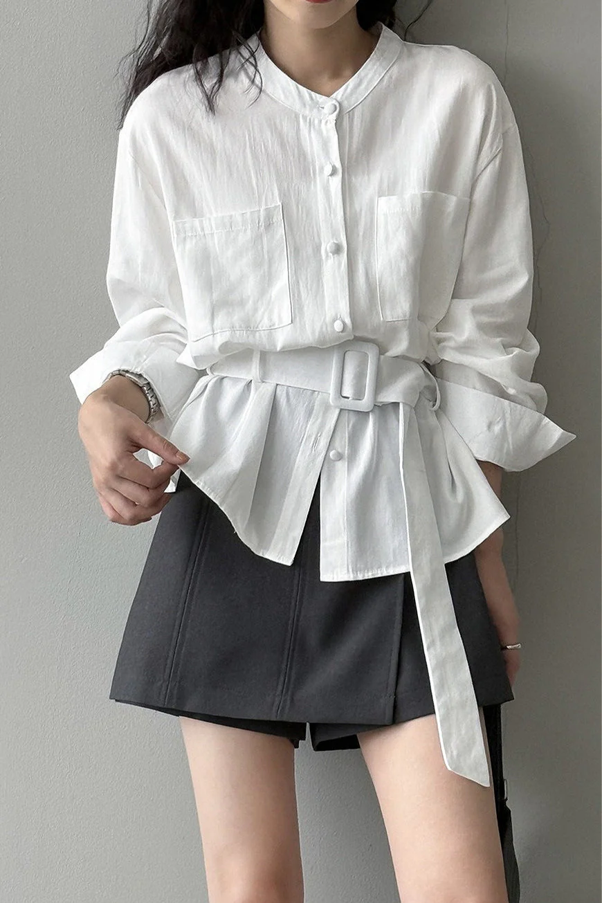 Vintage Waist Cinched Belted Long Sleeve Blouse - Image 4
