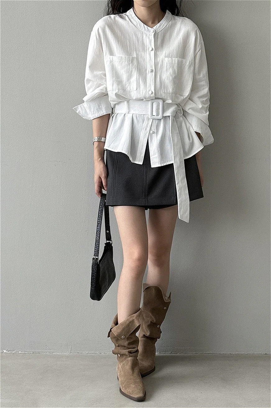 Vintage Waist Cinched Belted Long Sleeve Blouse - Image 5