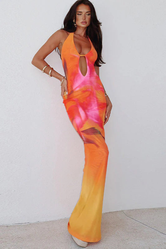 Hollow Out Floral Print Halter Bodycon Maxi Dress - Image 2