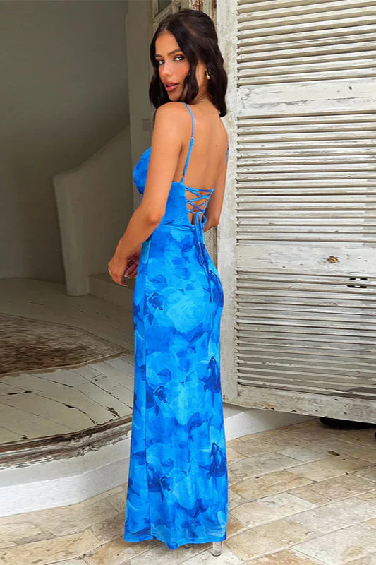 Floral Print Ruffled Strap Bodycon Maxi Dress - Image 4