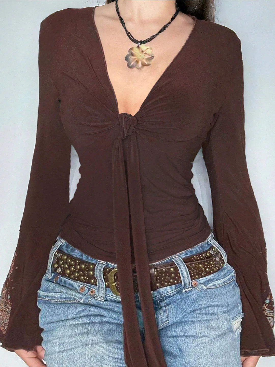 Vintage V Neck Printed Long Sleeve Blouse - Image 2