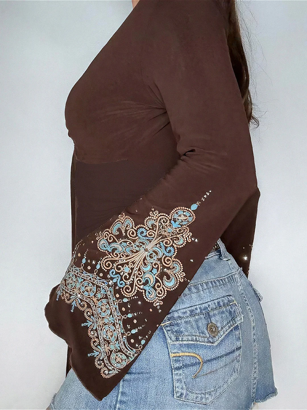 Vintage V Neck Printed Long Sleeve Blouse - Image 3