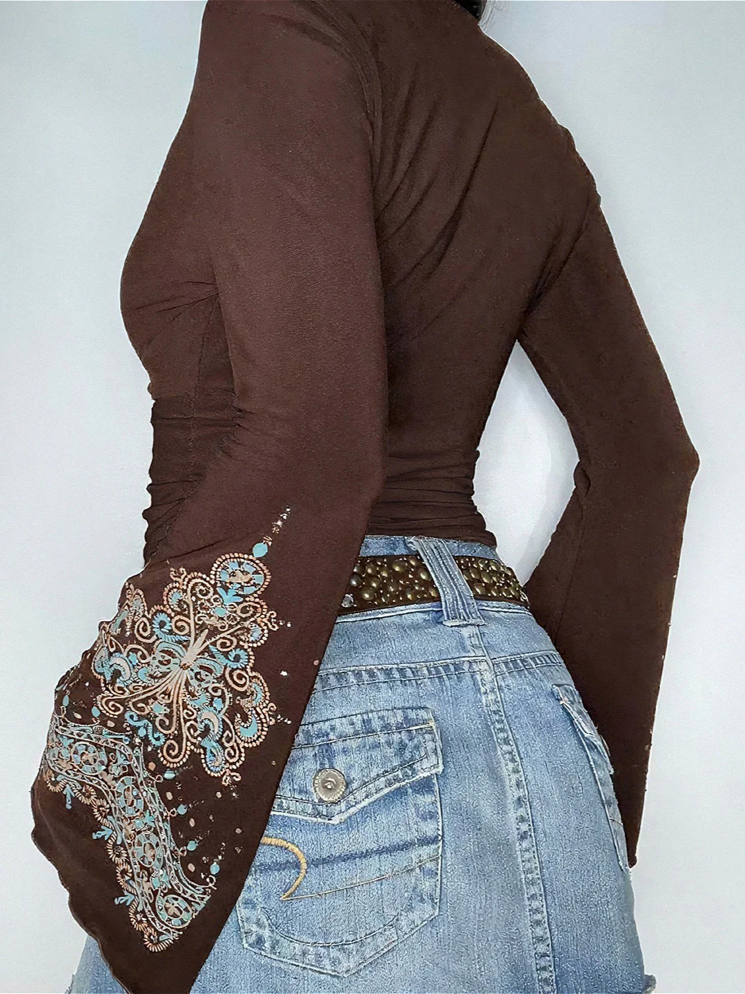 Vintage V Neck Printed Long Sleeve Blouse - Image 4