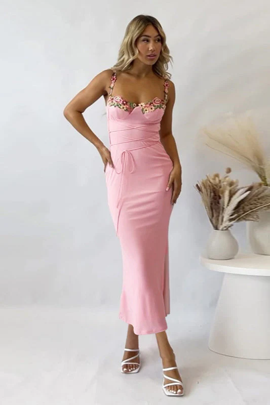 Floral Cup Detail Lace-Up Bodycon Maxi Dress - Image 5