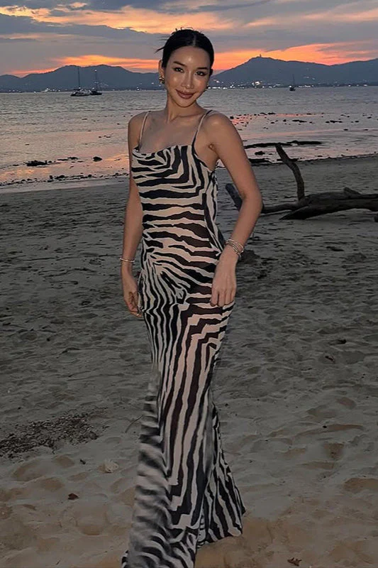 Zebra Print Backless Tie Bodycon Maxi Dress - Image 4