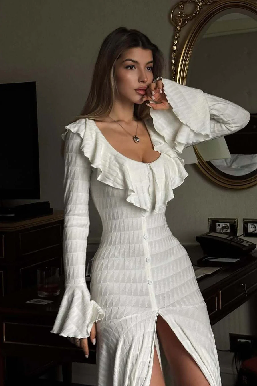 White Ruffle Hem Fishtail Boho Dress - Image 3