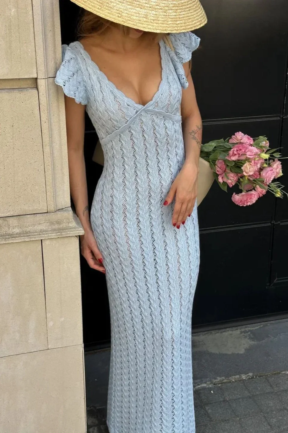 Ruffled Knit Backless V-Neck Boho Dress - Image 2