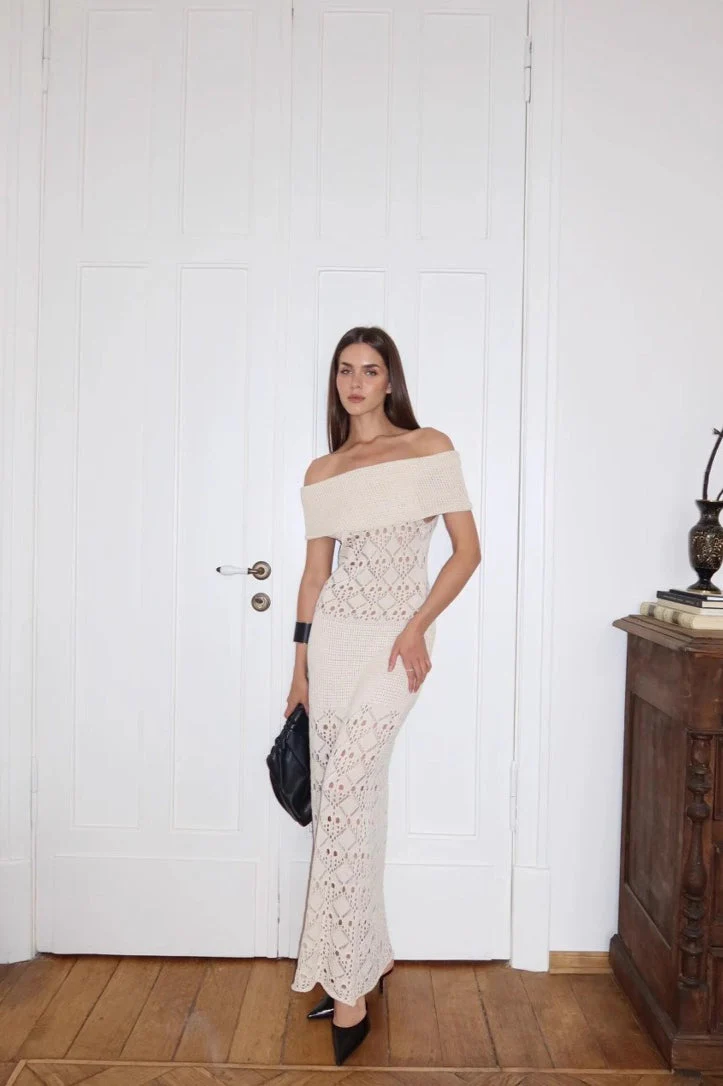 Waisted Knit Off Shoulder Bodycon Boho Dress - Image 2