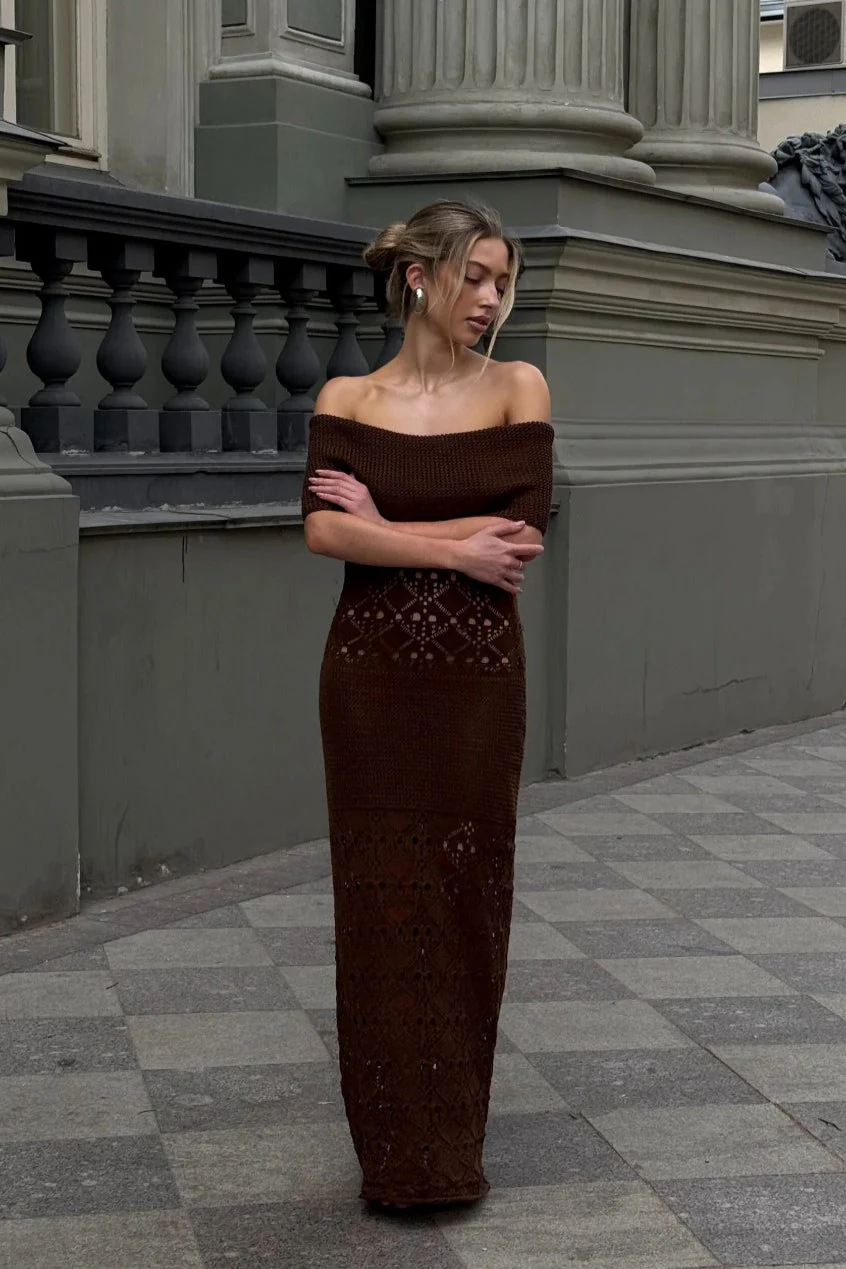 Waisted Knit Off Shoulder Bodycon Boho Dress - Image 4
