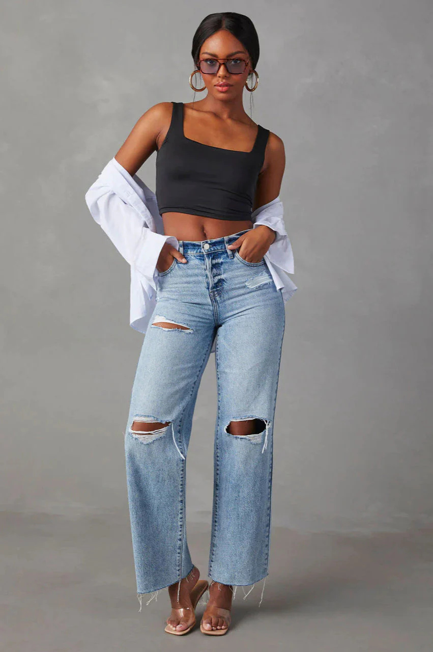 Ripped Raw Hem High Waist Jean - Image 2
