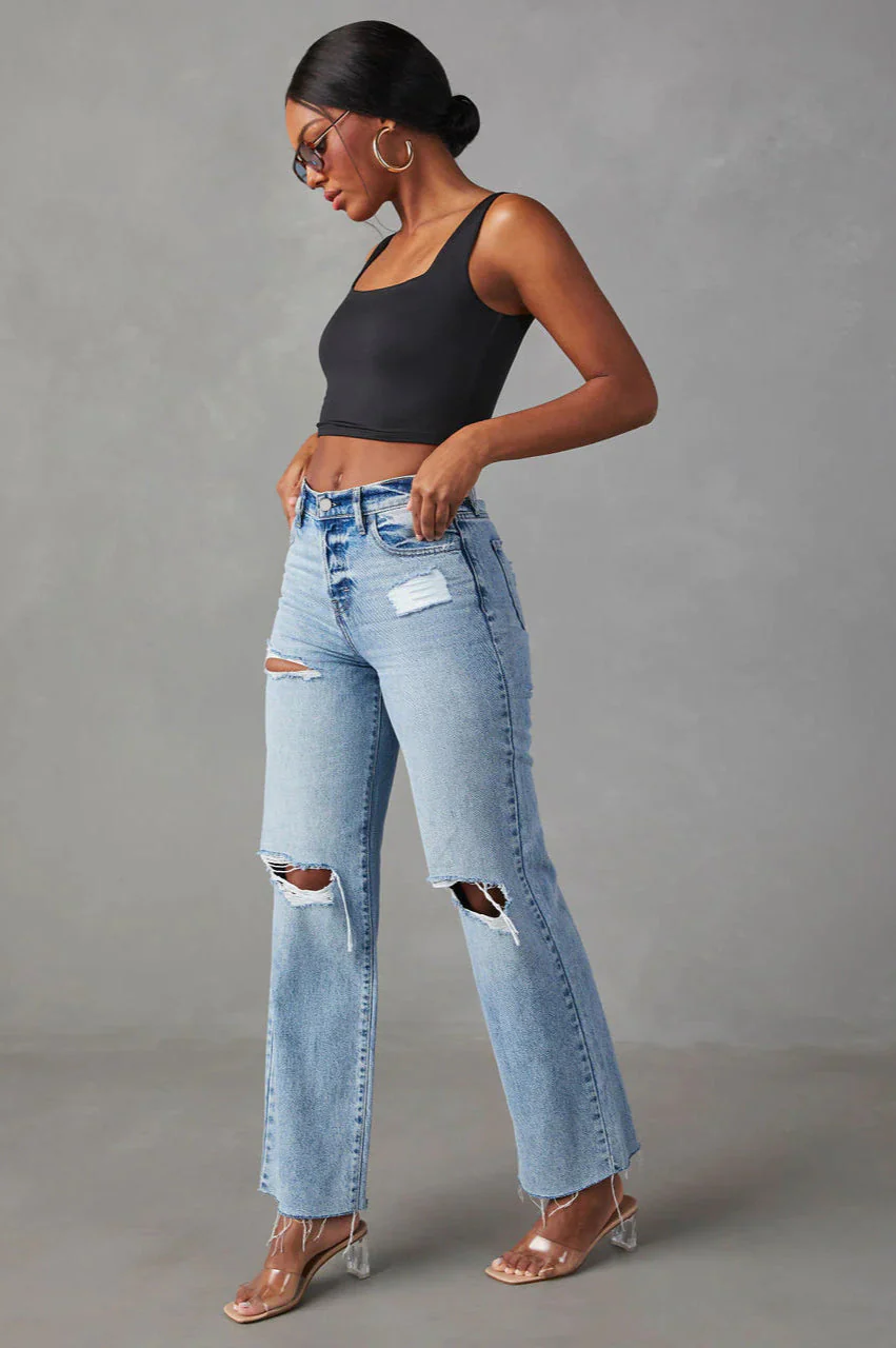 Ripped Raw Hem High Waist Jean - Image 3