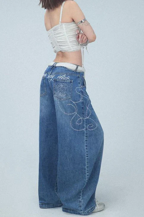 Embroidered High Rise Wide Leg Jean - Image 2