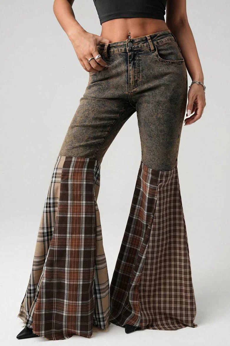 Plaid Patch High Waist Flare Jean - Image 4