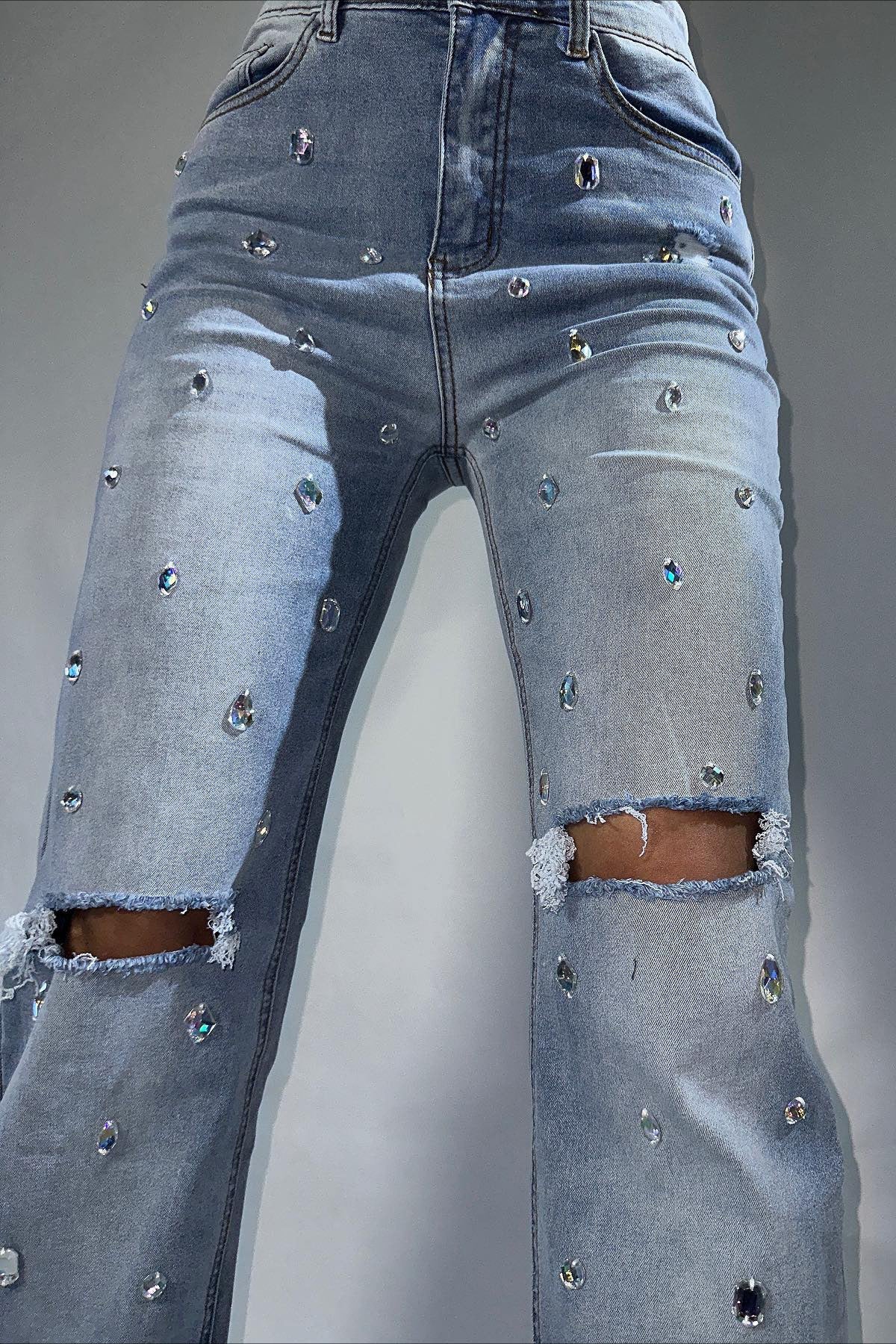 High Waist Rhinestone Ripped Jean - Image 2