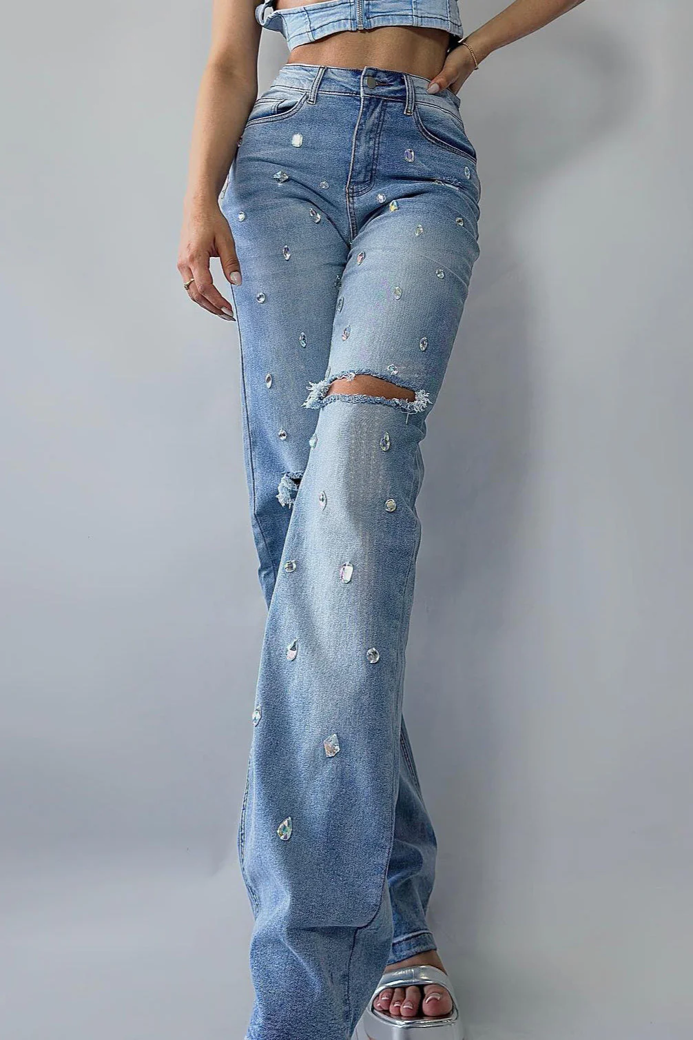 High Waist Rhinestone Ripped Jean - Image 4