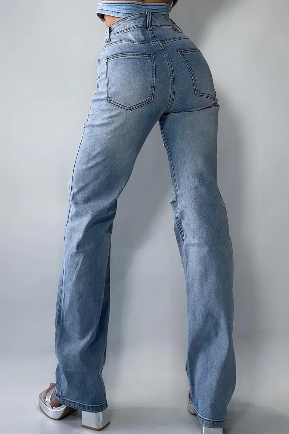 High Waist Rhinestone Ripped Jean - Image 5
