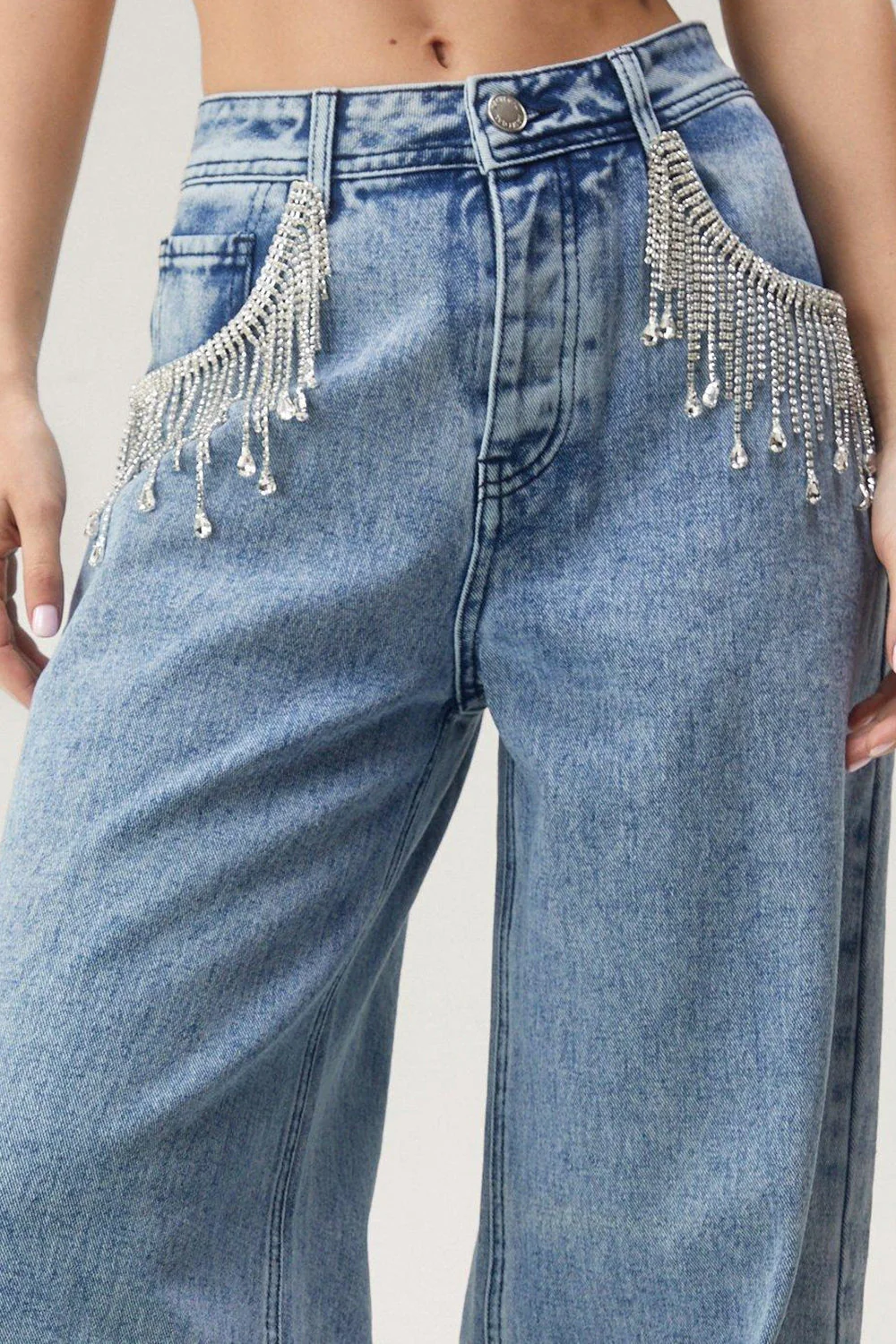 Fringe Chain Detail Denim Jean - Image 2