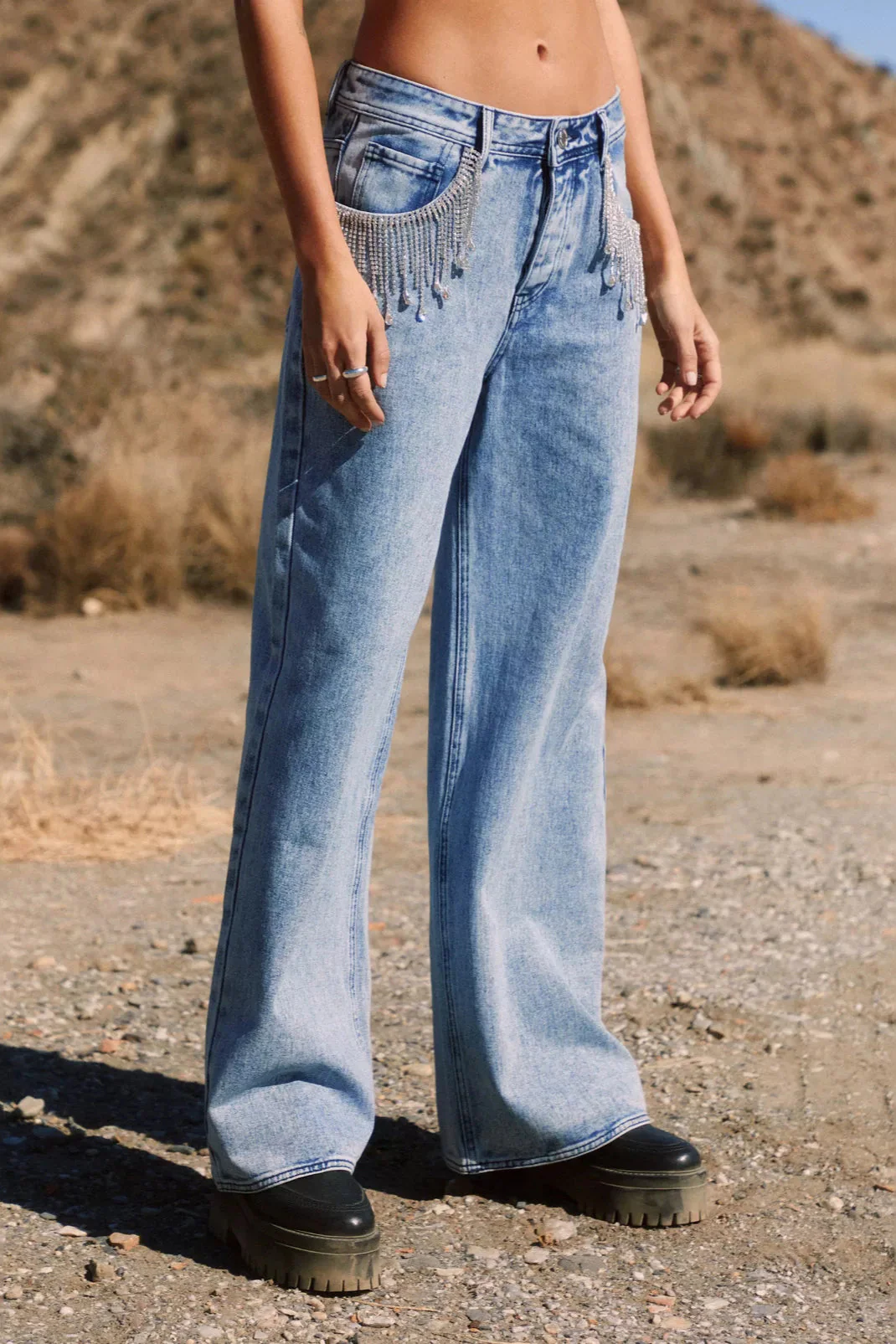 Fringe Chain Detail Denim Jean - Image 4