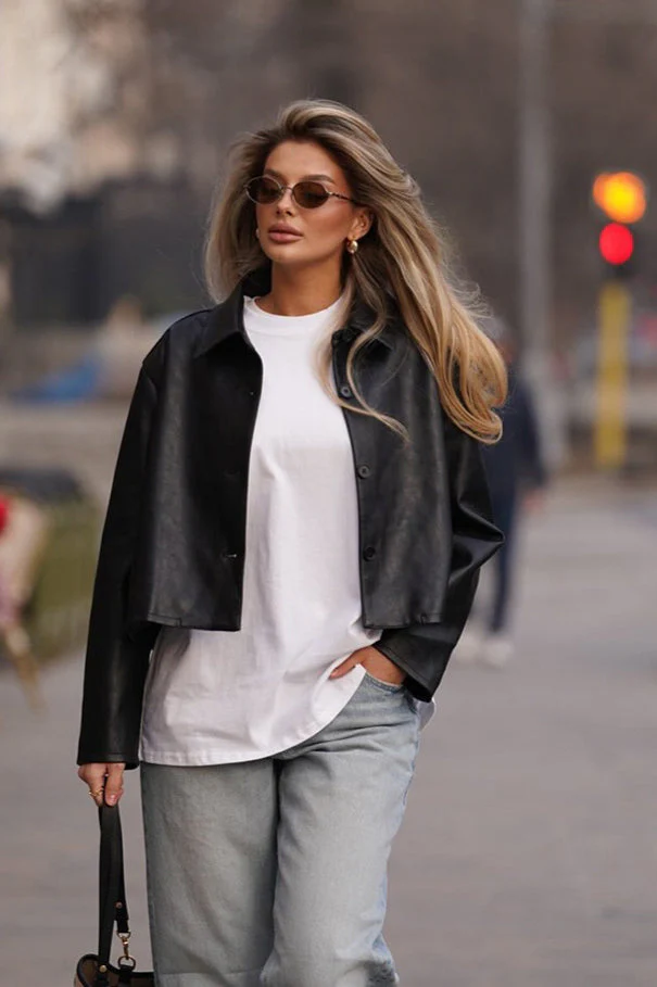 Black Cropped Street Moto Coat - Image 2