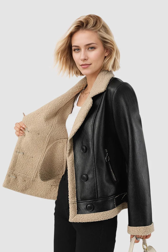 Custom Lapel Lined PU Leather Coat - Image 3