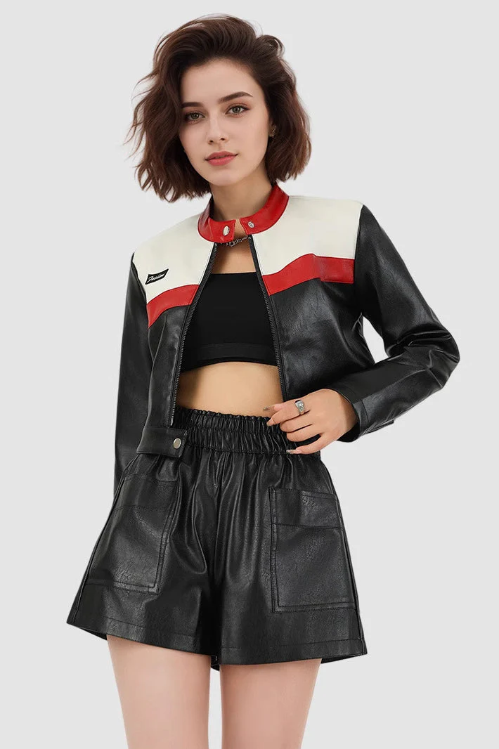 Cropped Bomber Style PU Coat - Image 2