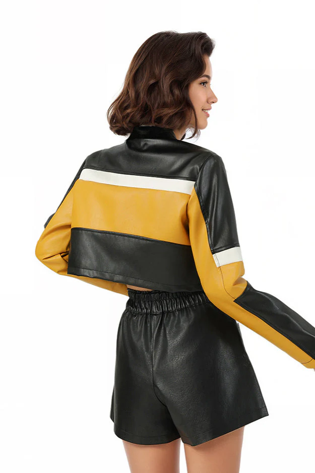 Color-Block PU Leather Biker Jacket - Image 4