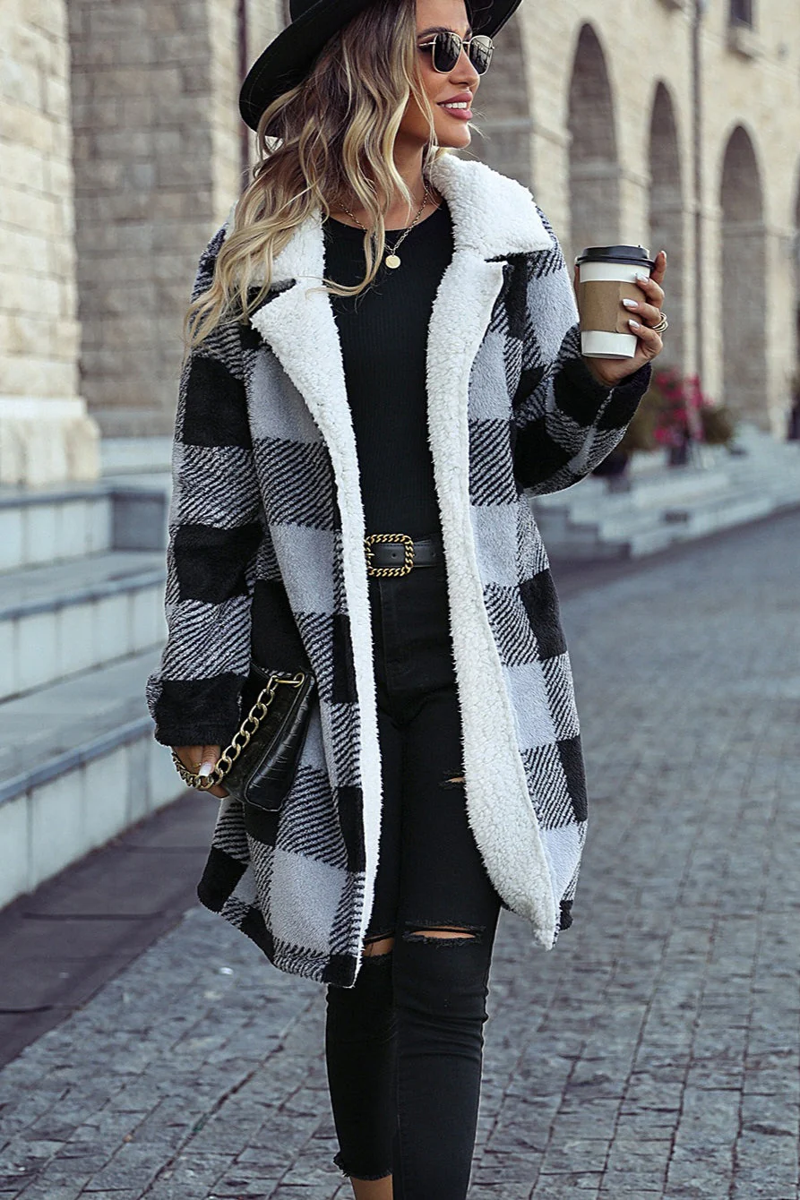 Lapel Plaid Open Front Coat - Image 2
