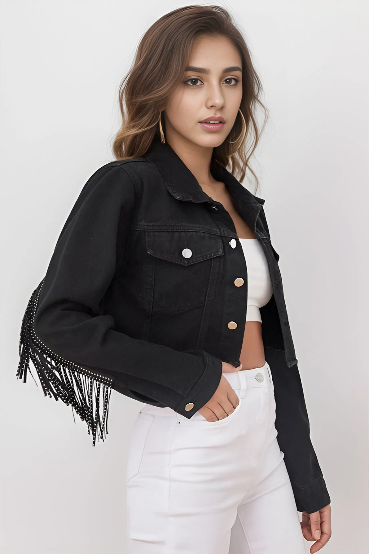 Beaded Fringe Raw Hem Denim Coat - Image 2