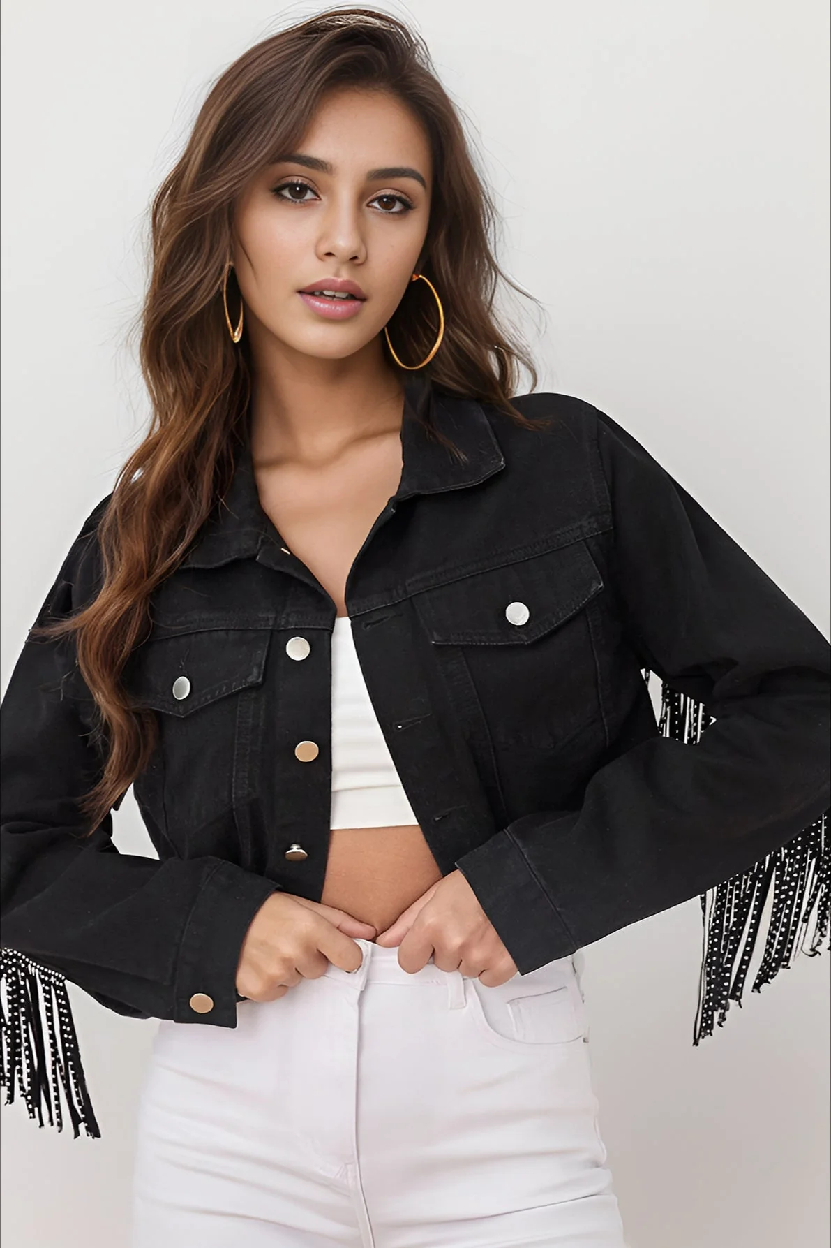 Beaded Fringe Raw Hem Denim Coat - Image 3