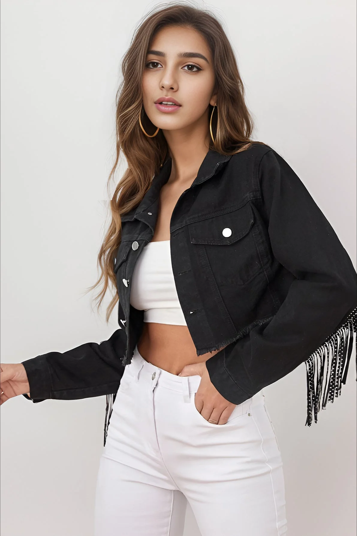 Beaded Fringe Raw Hem Denim Coat - Image 4