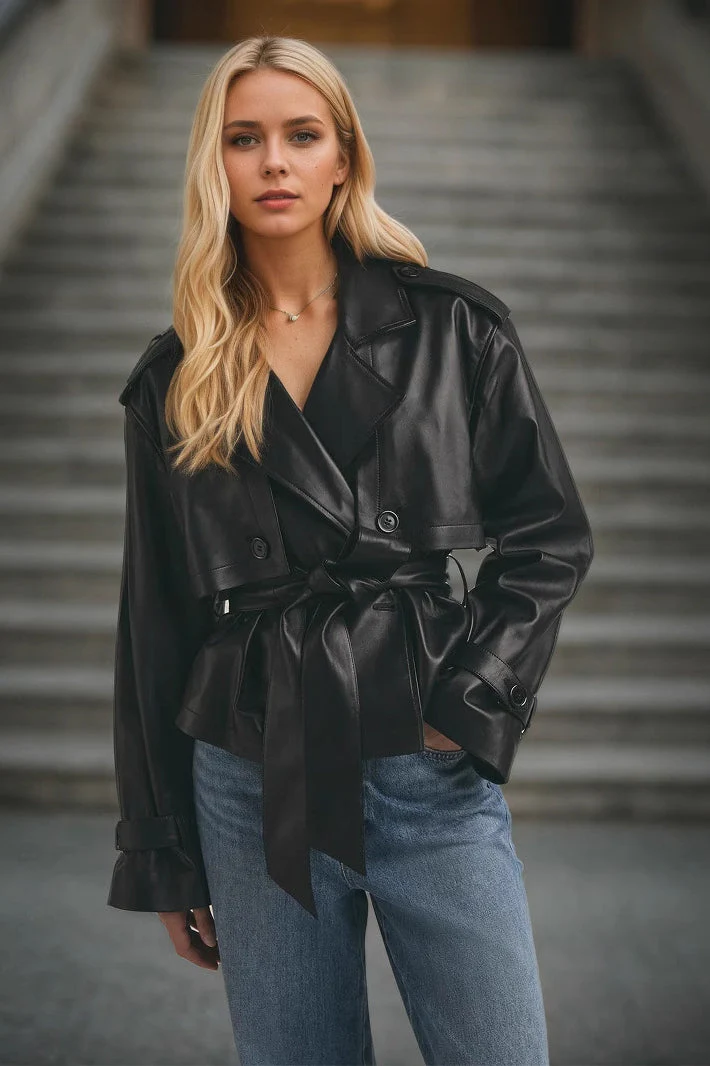 Street Style Cropped Leather Coat - Image 2