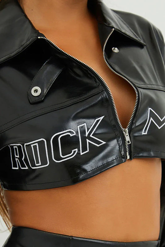 Embroidered Letter PU Leather Coat - Image 5