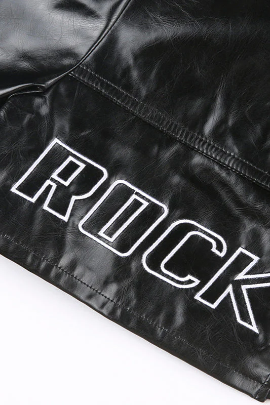 Embroidered Letter PU Leather Coat - Image 6