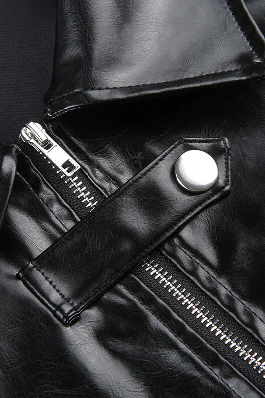 Embroidered Letter PU Leather Coat - Image 7