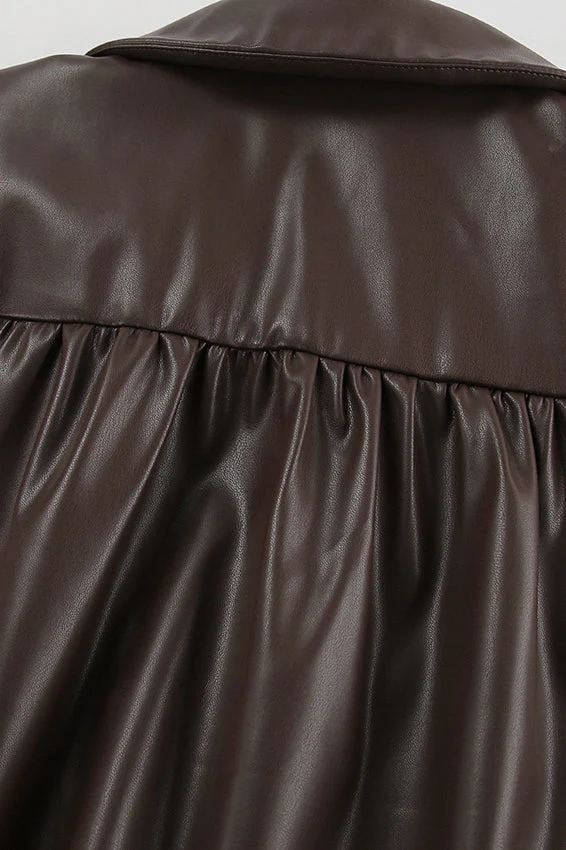 Classic Brown PU Crop Coat - Image 11