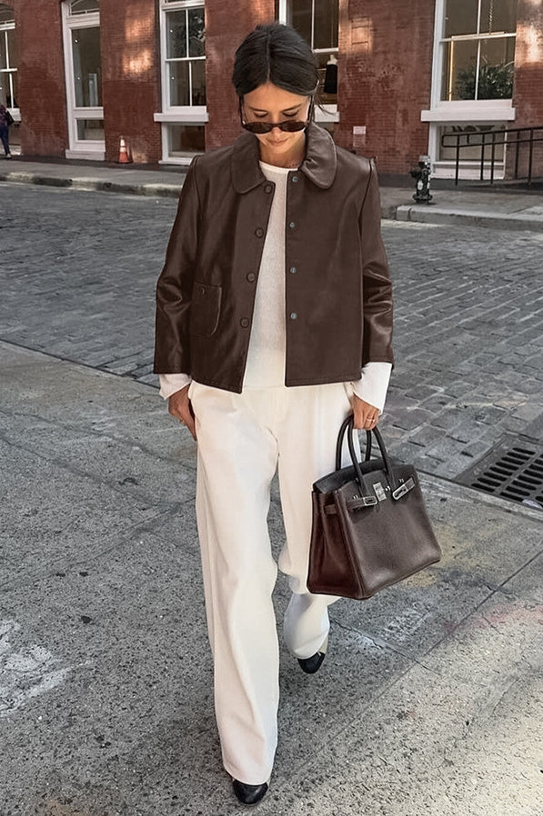 Classic Brown PU Crop Coat - Image 6