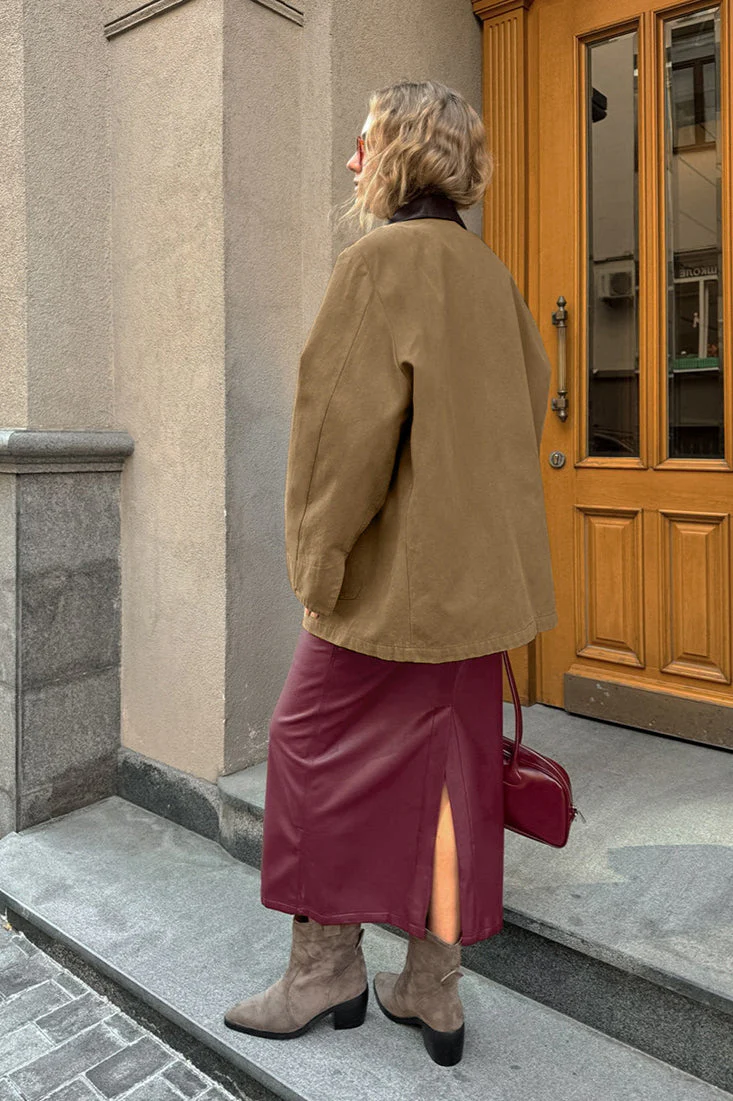 Brown PU Spliced Coat - Image 5