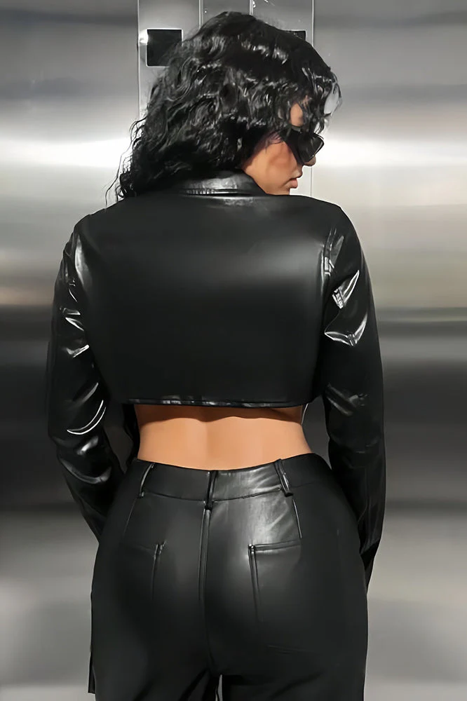 Zippered Cropped PU Coat - Image 5
