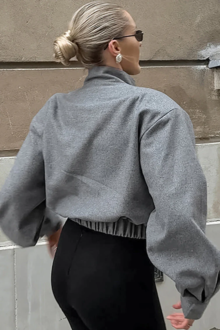 Trendy Grey Wool Short Coat - Image 3