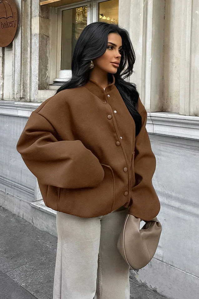 Stand Collar Melange Brown Wool Coat - Image 2