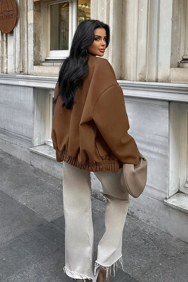 Stand Collar Melange Brown Wool Coat - Image 3